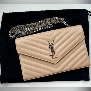 YSL Saint Laurent Cassandre Matelassé Chain Wallet in Grain de Poudre Leather